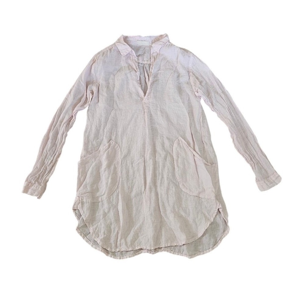 CP Shades Womens XS Pink 100% Linen Tunic Long Sleeve Split Neck Pocket Shirt